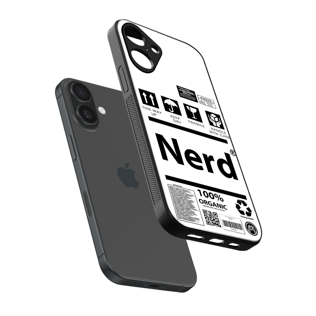 nerd white label back phone cover | glass case for iphone 16 plus