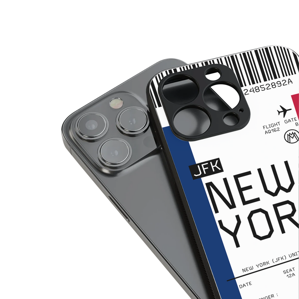 new york boarding pass back phone cover | glass case for iphone 15 plus