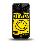 nirvana yellow back phone cover | glass case for iphone 15 plus