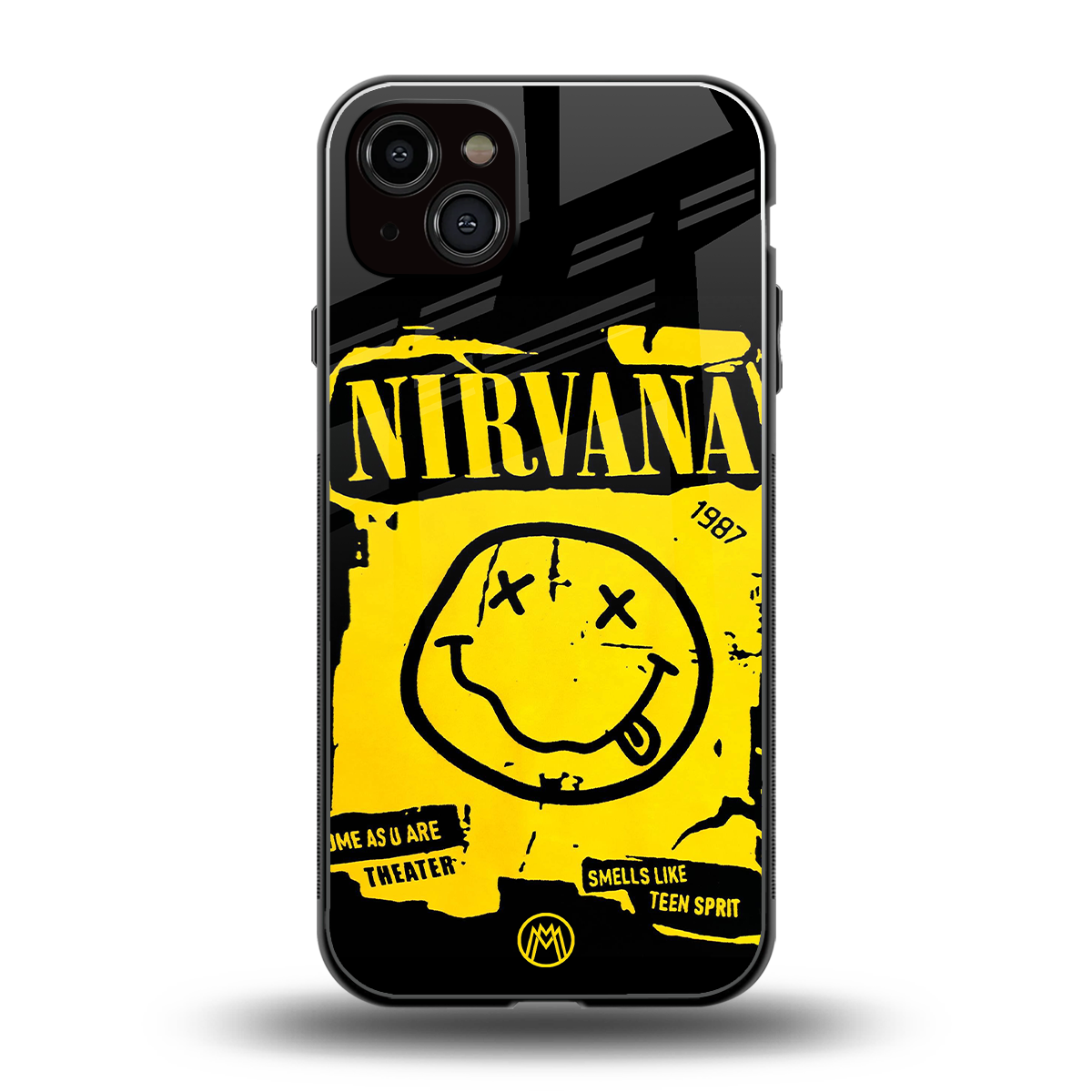 nirvana yellow back phone cover | glass case for iphone 15 plus
