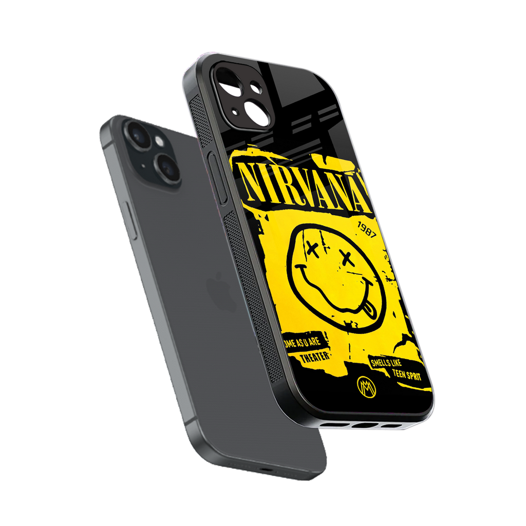 nirvana yellow back phone cover | glass case for iphone 15 plus
