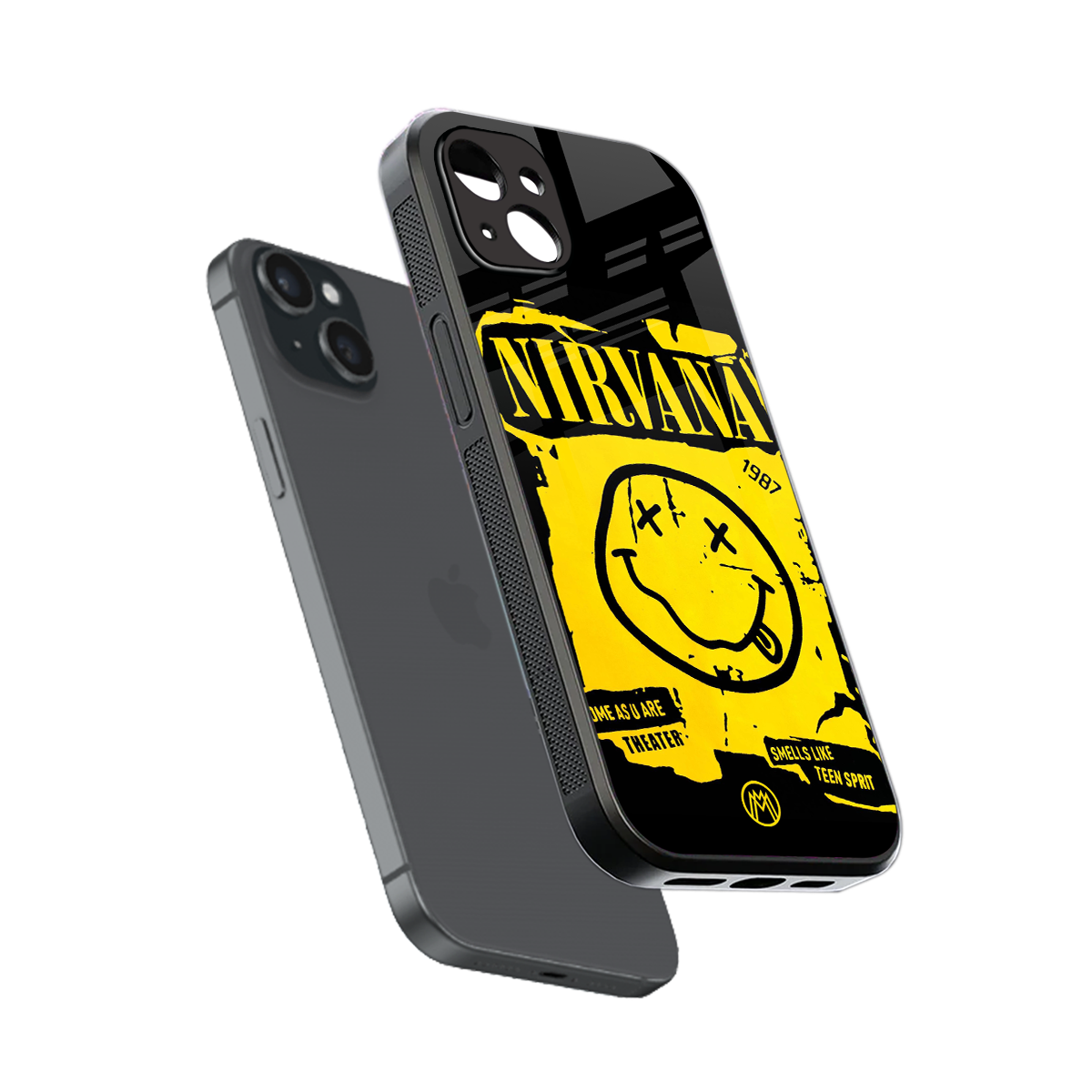 nirvana yellow back phone cover | glass case for iphone 15 plus