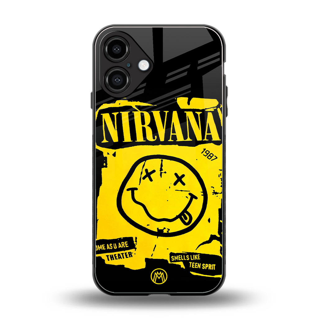 nirvana yellow back phone cover | glass case for iphone 16 plus