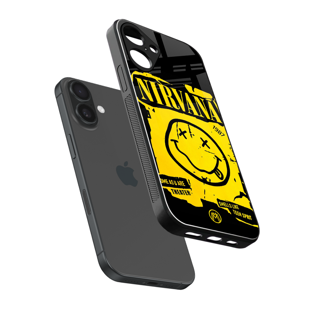 nirvana yellow back phone cover | glass case for iphone 16 plus