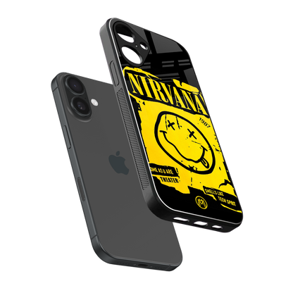 nirvana yellow back phone cover | glass case for iphone 16 plus