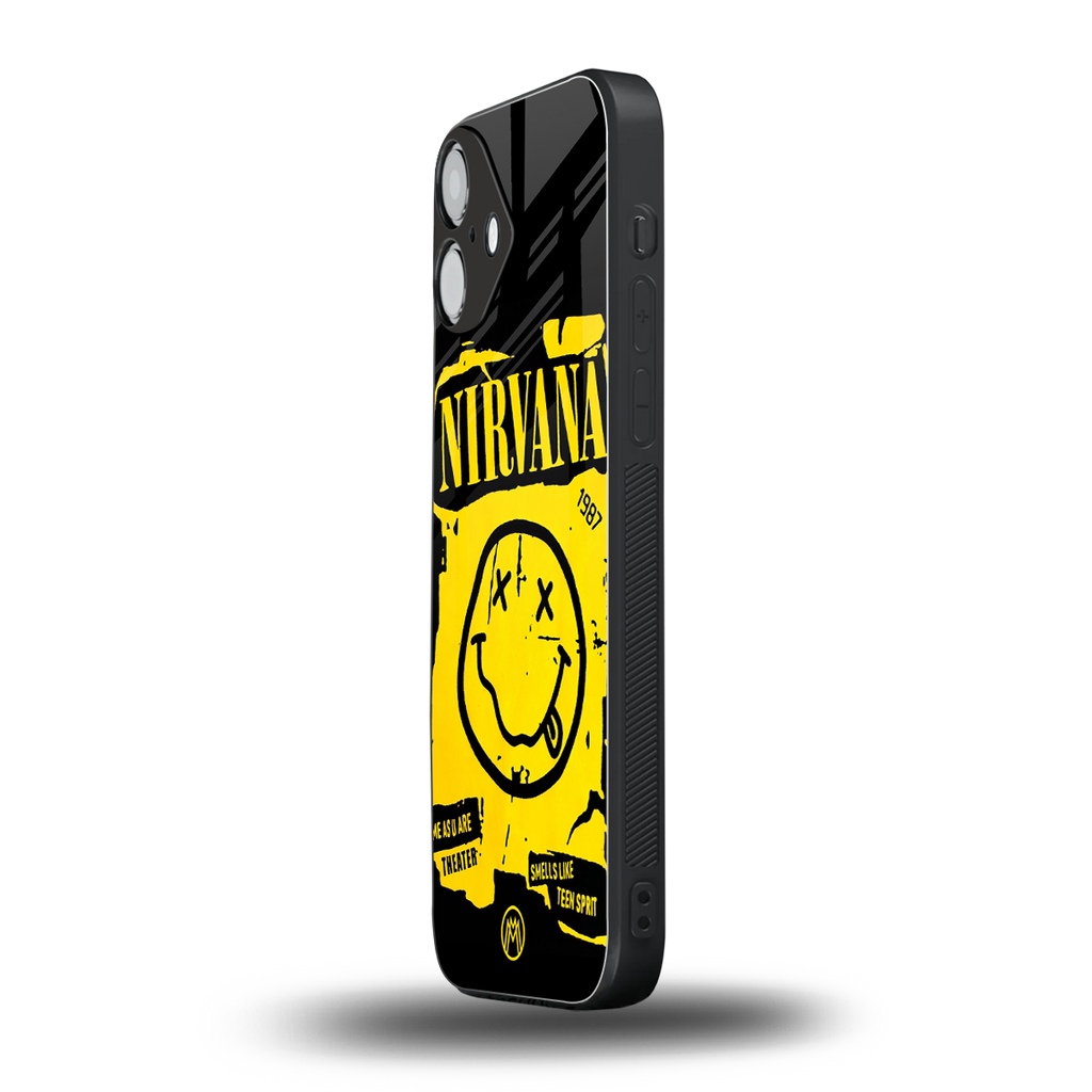 nirvana yellow back phone cover | glass case for iphone 16 plus