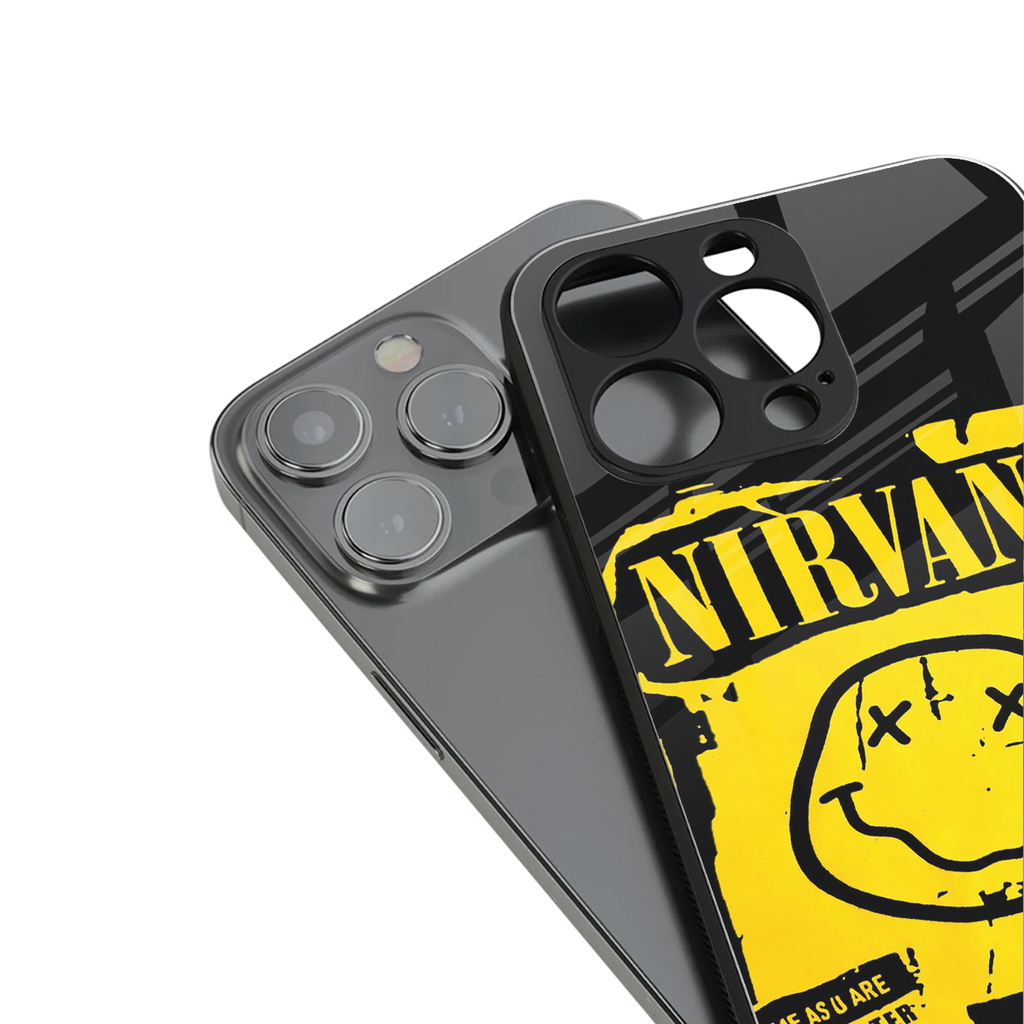 nirvana yellow back phone cover | glass case for iphone 16 plus