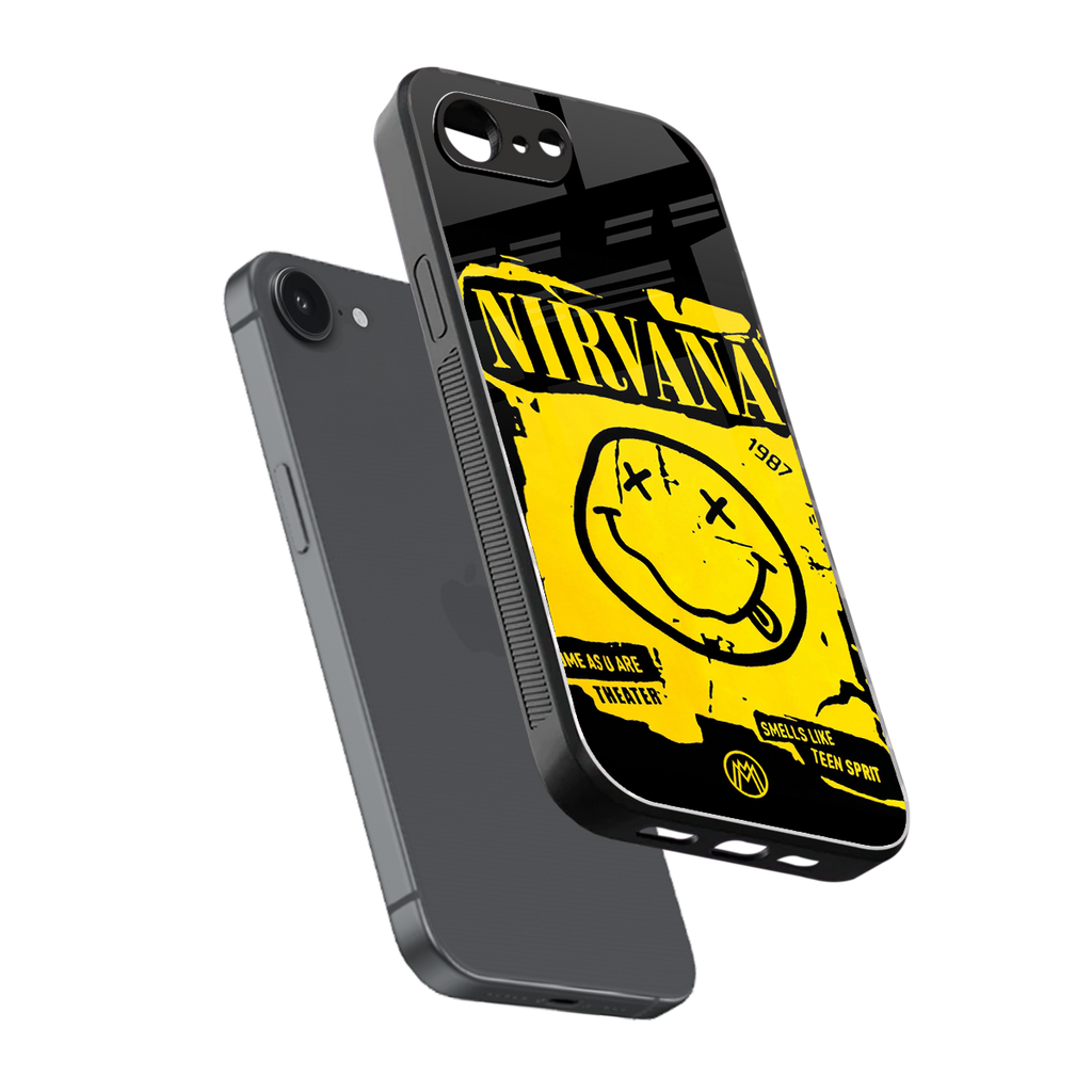 nirvana yellow back phone cover | glass case for iphone 16e