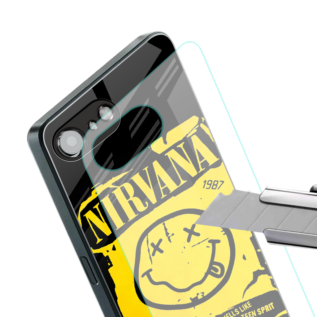 nirvana yellow back phone cover | glass case for iphone 16e