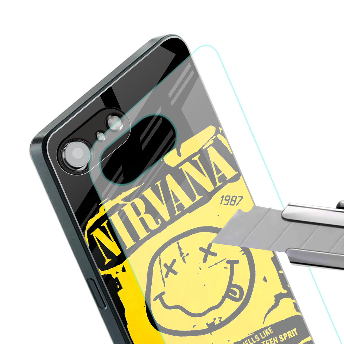 nirvana yellow back phone cover | glass case for iphone 16e