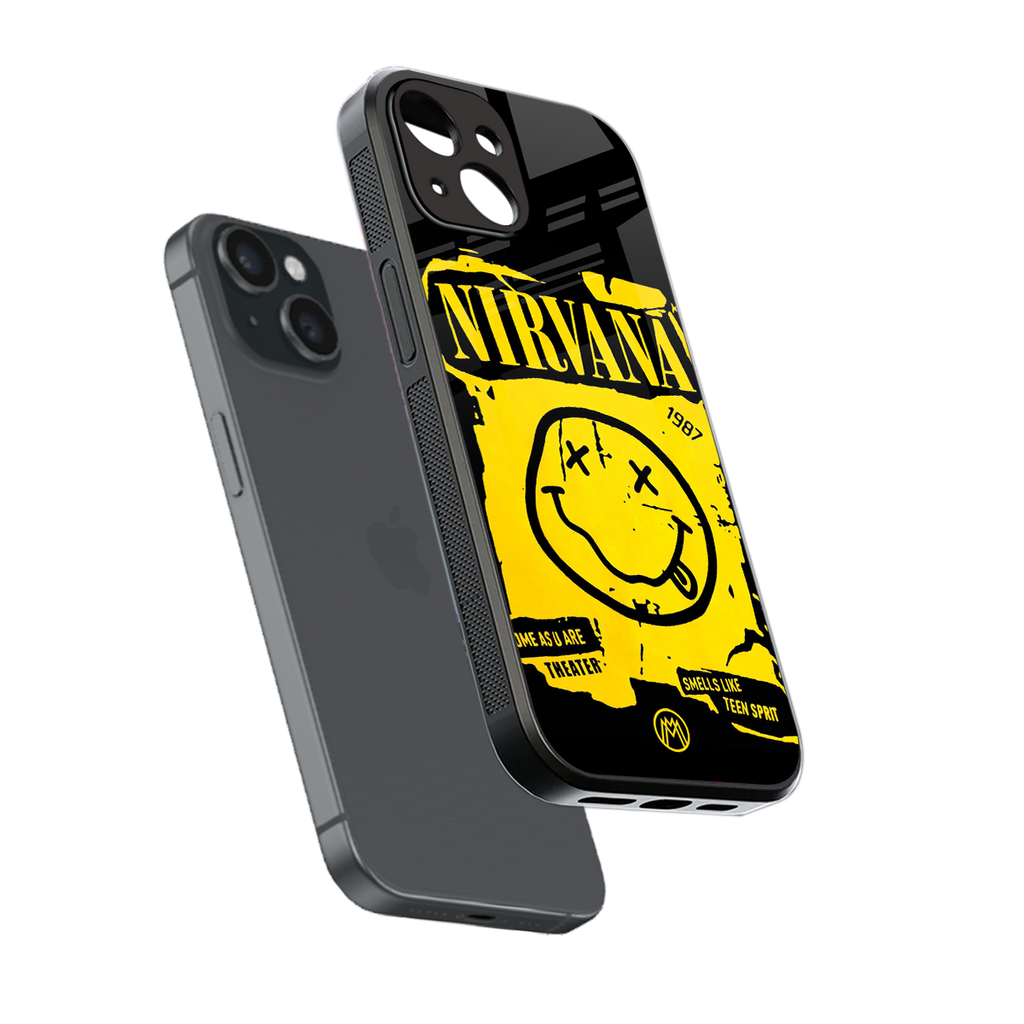 nirvana yellow back phone cover | glass case for iphone 15