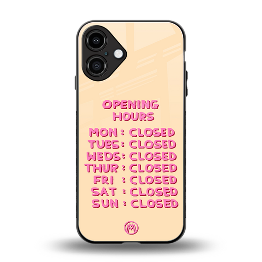 opening hours back phone cover | glass case for iphone 16 plus
