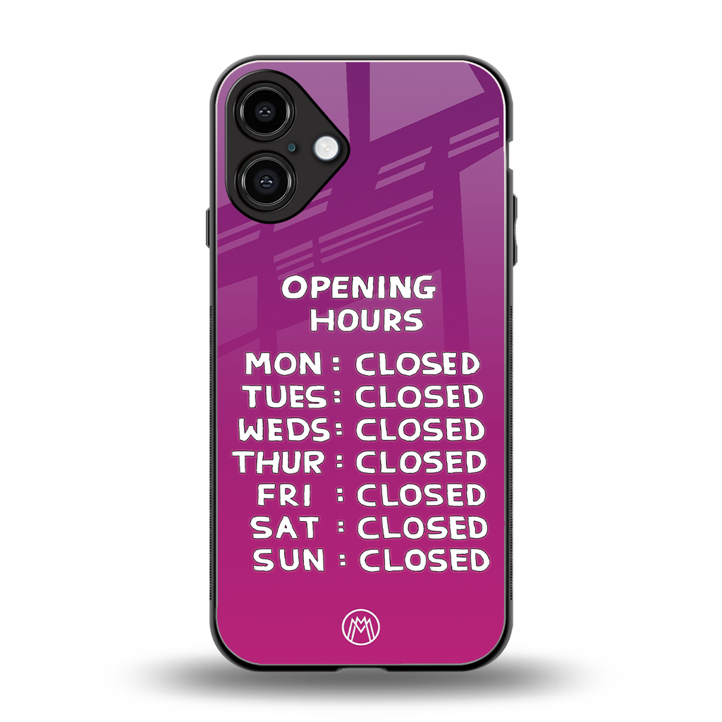opening hours pink edition back phone cover | glass case for iphone 16 plus