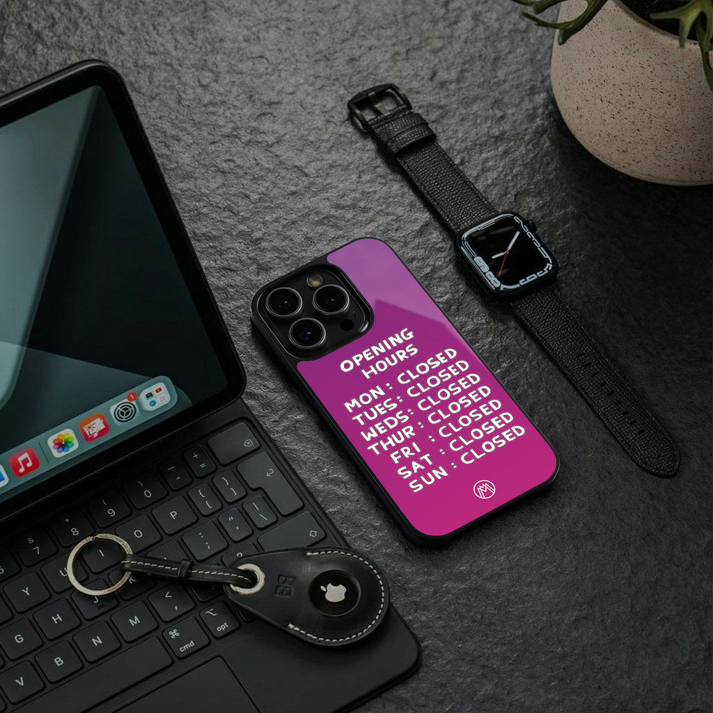 opening hours pink edition back phone cover | glass case for iphone 15 plus