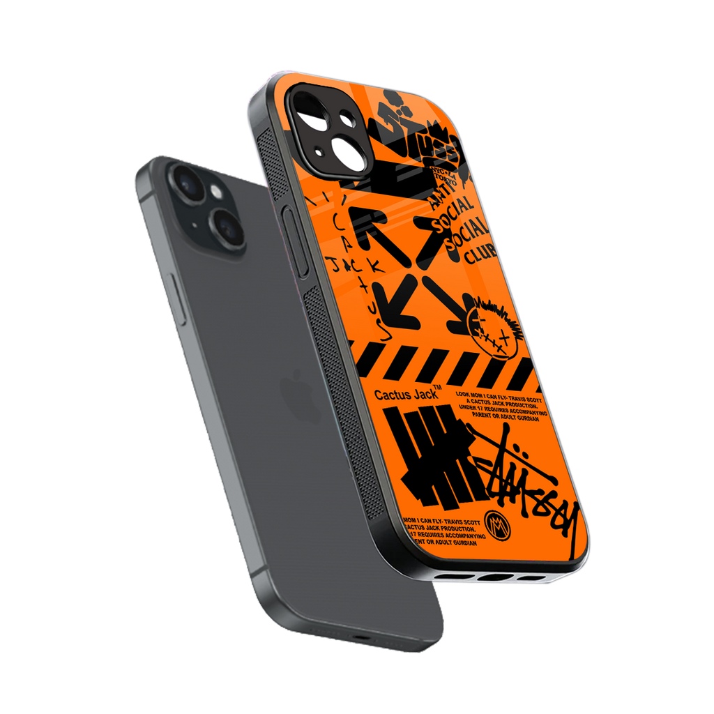 orange travis scott x anti social social club back phone cover | glass case for iphone 15 plus