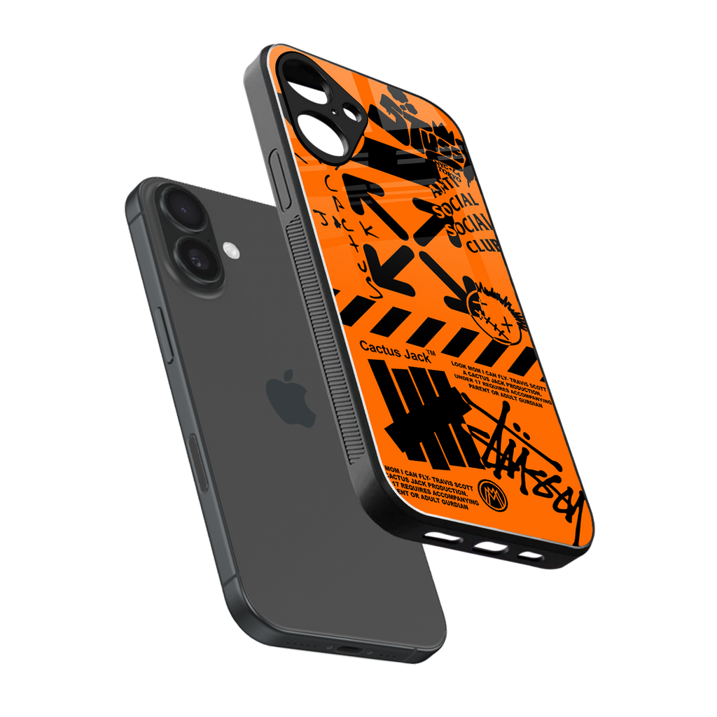 orange travis scott x anti social social club back phone cover | glass case for iphone 16 plus