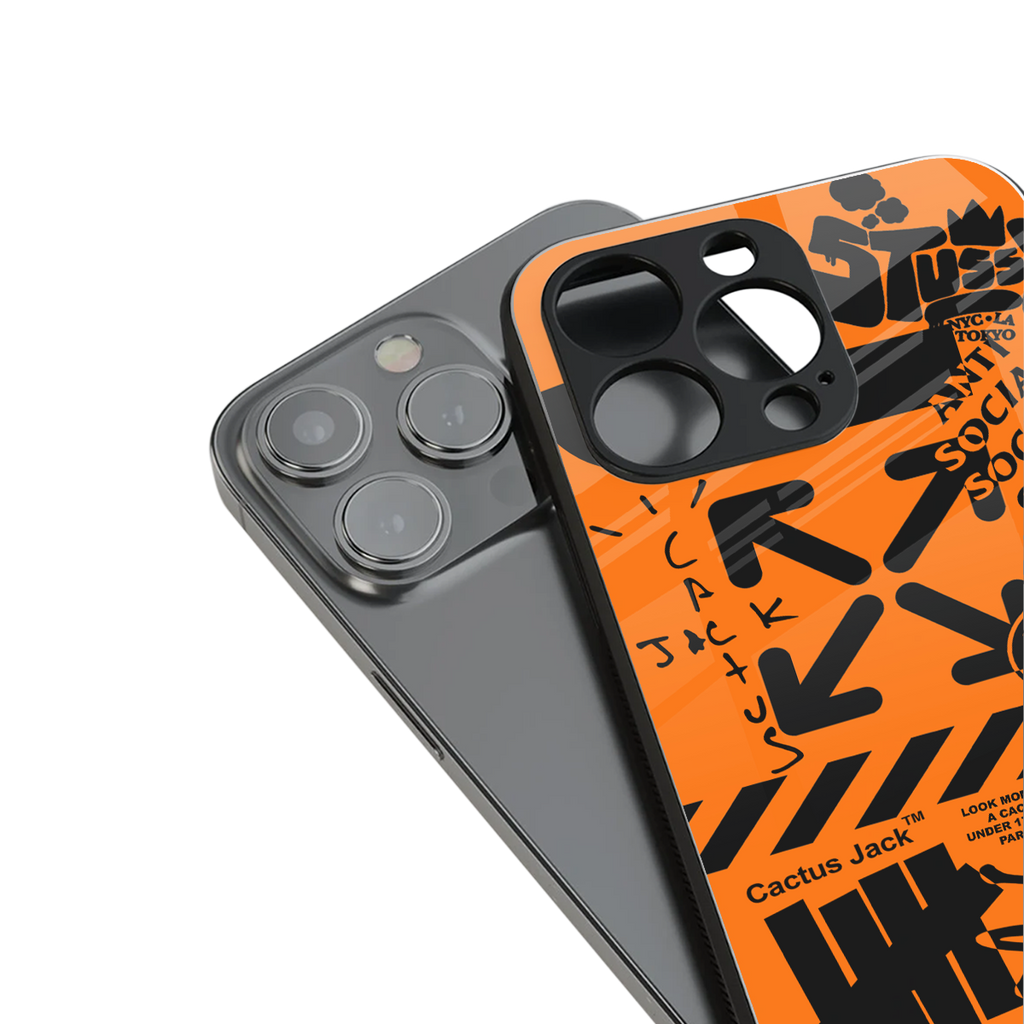 orange travis scott x anti social social club back phone cover | glass case for iphone 15 plus