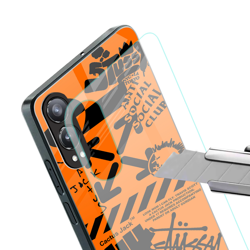 orange travis scott x anti social social club back phone cover | glass case for oneplus nord ce 4 lite