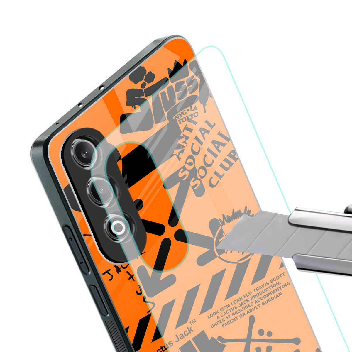 orange travis scott x anti social social club back phone cover | glass case for oneplus nord ce 4