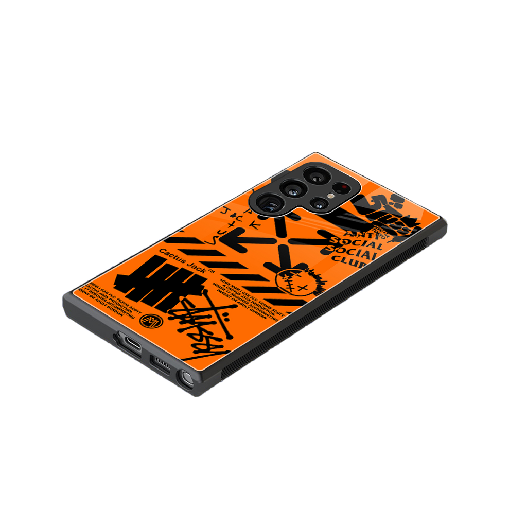 orange travis scott x anti social social club back phone cover | glass case for samsung galaxy s23 ultra