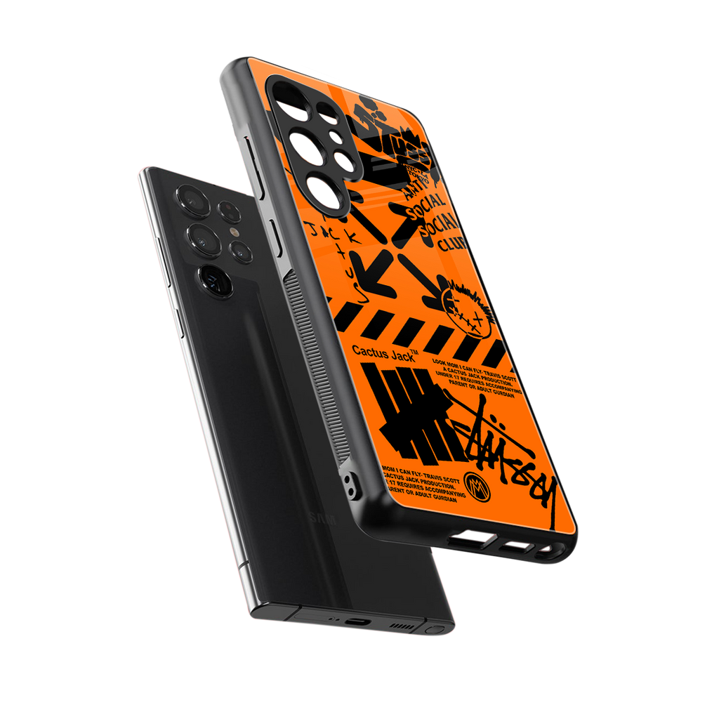 orange travis scott x anti social social club back phone cover | glass case for samsung galaxy s25 ultra
