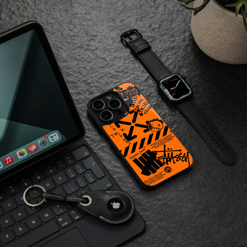 orange travis scott x anti social social club back phone cover | glass case for iphone 14 pro