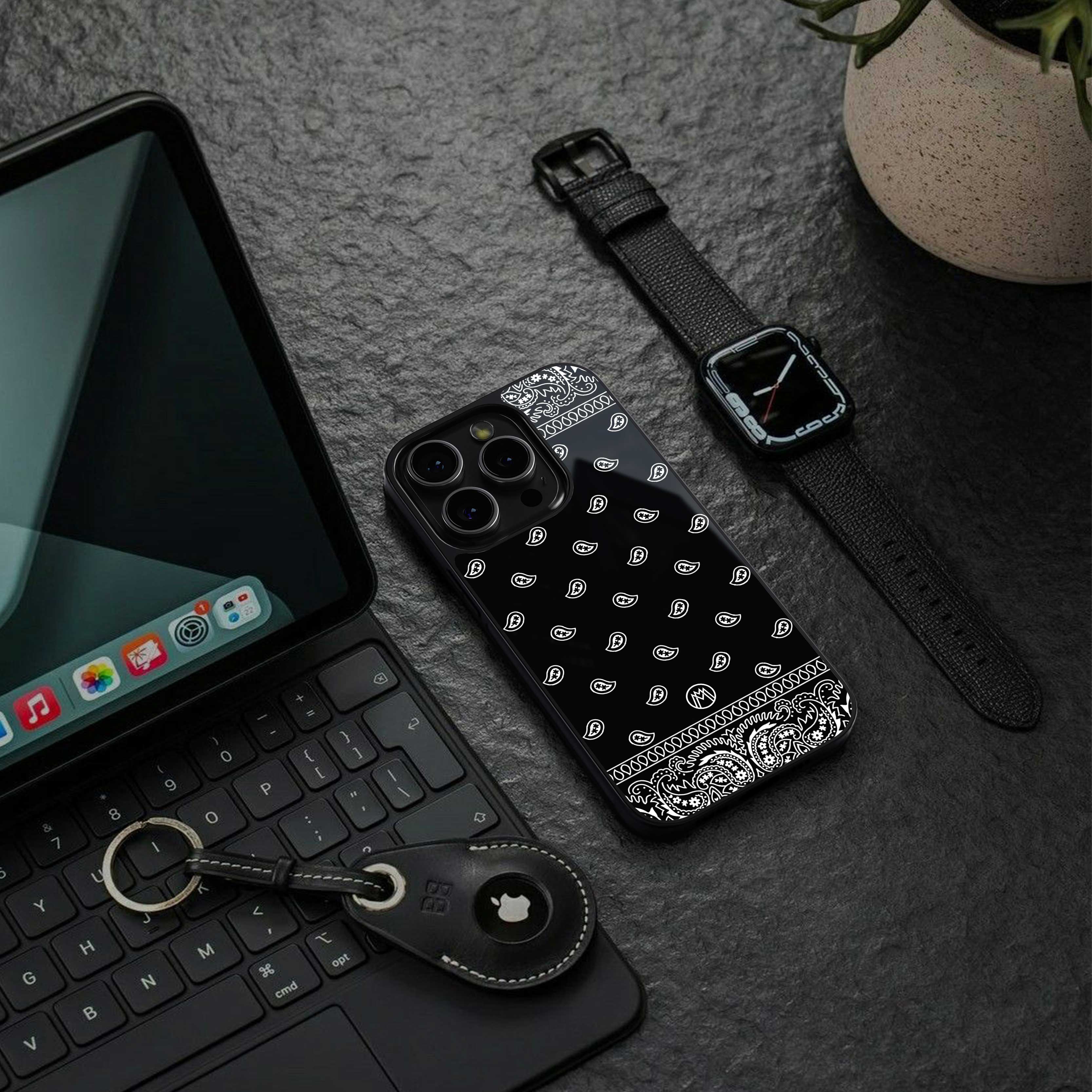 paisley black back phone cover | glass case for iphone 14 plus