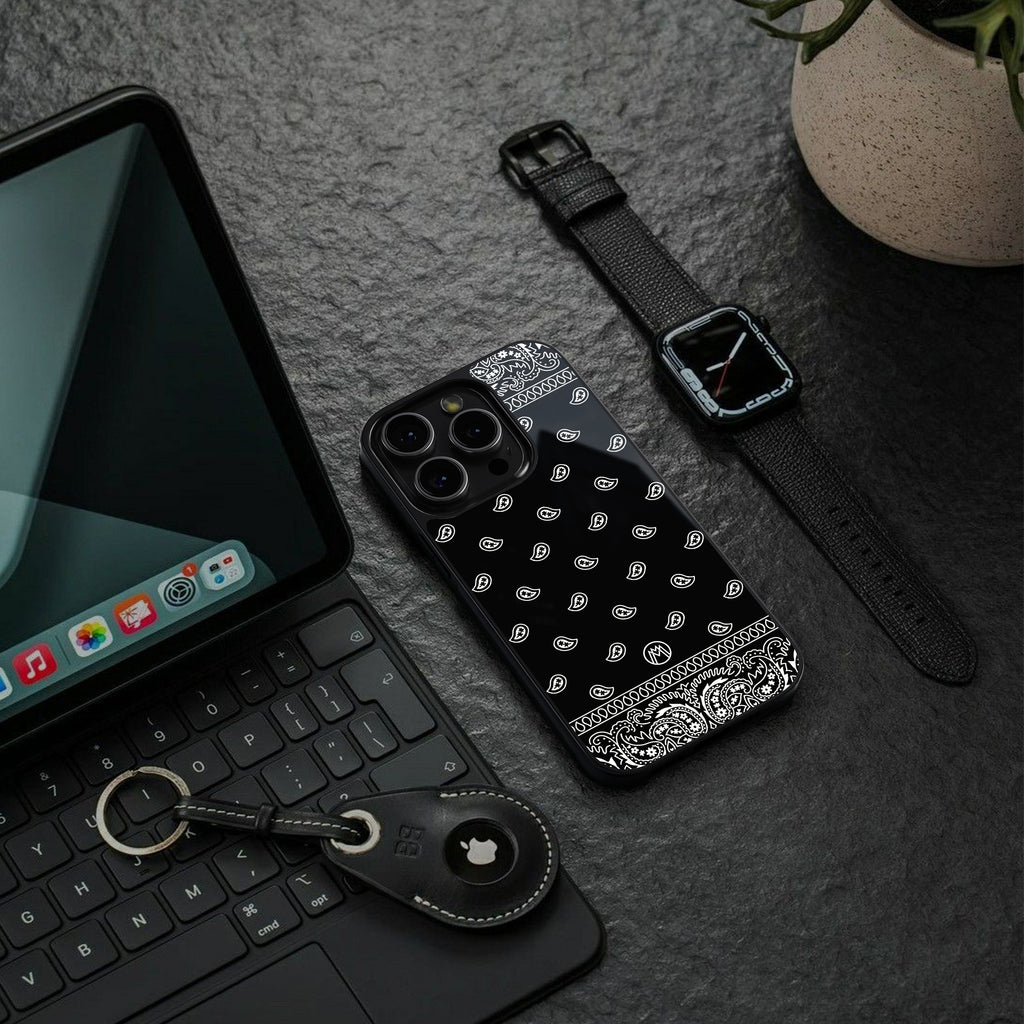 paisley black back phone cover | glass case for iphone 16 pro max