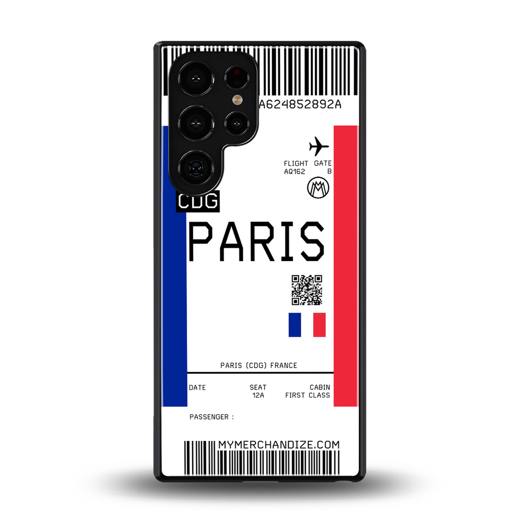 paris boarding pass ticket back phone cover | glass case for samsung galaxy s25 ultra