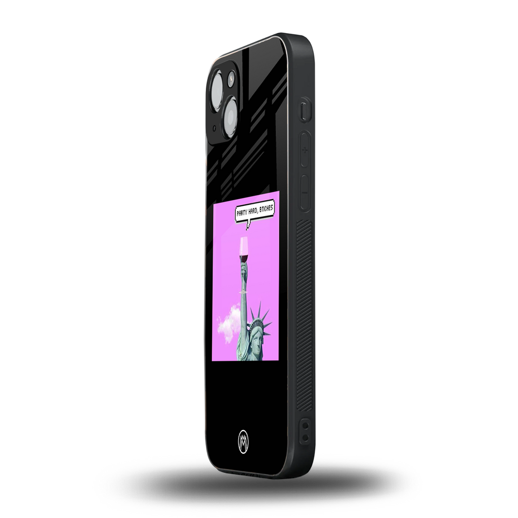 party hard bitches back phone cover | glass case for iphone 15 plus