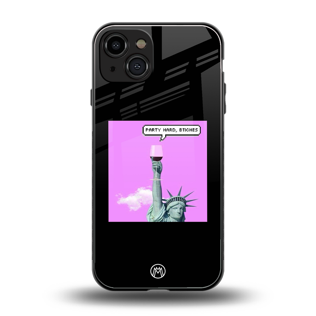 party hard bitches back phone cover | glass case for iphone 15