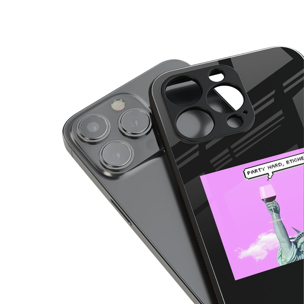 party hard bitches back phone cover | glass case for iphone 16 plus
