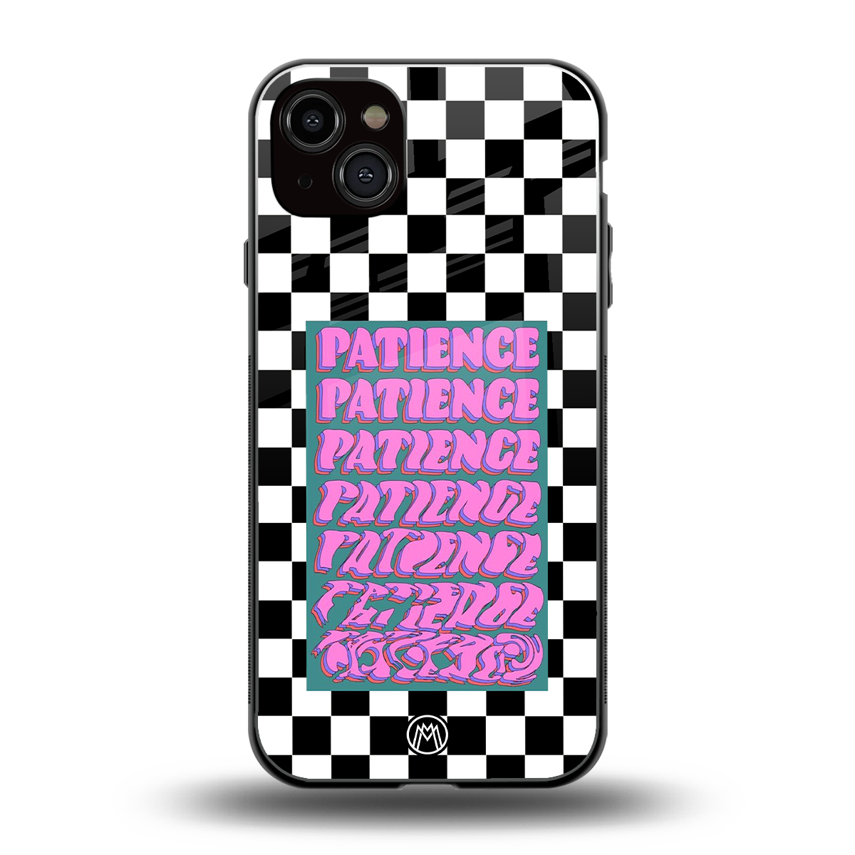 patience checkered back phone cover | glass case for iphone 15 plus