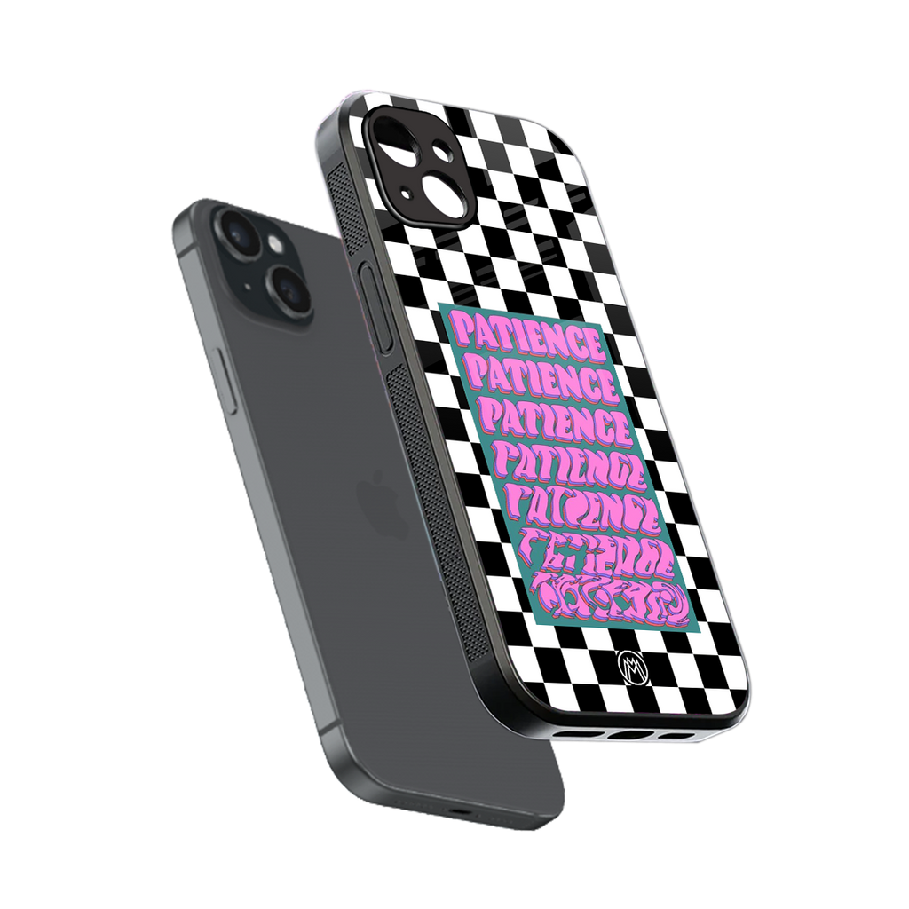 patience checkered back phone cover | glass case for iphone 15 plus