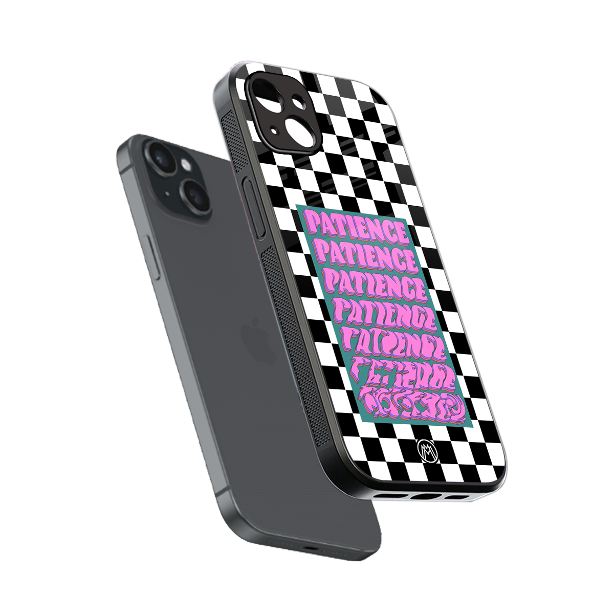 patience checkered back phone cover | glass case for iphone 15 plus