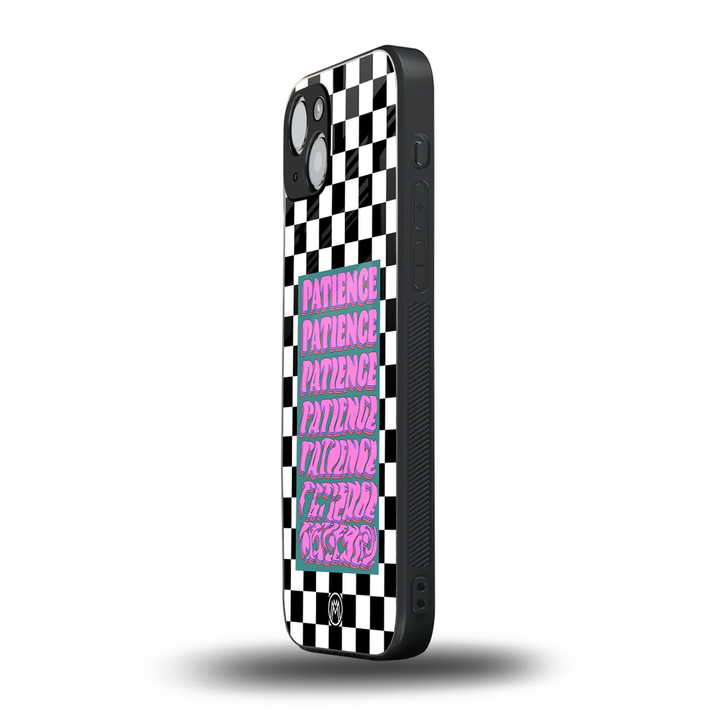patience checkered back phone cover | glass case for iphone 14 plus