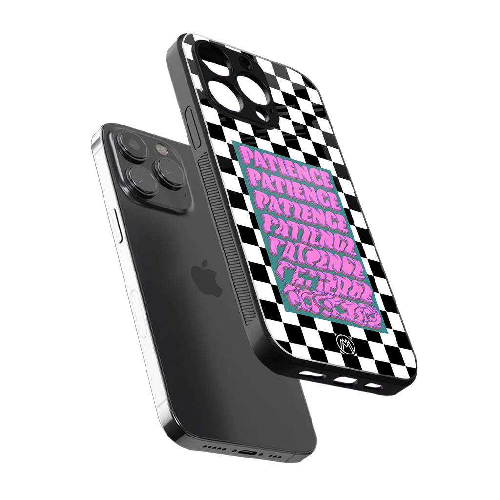 patience checkered back phone cover | glass case for iphone 15 pro max