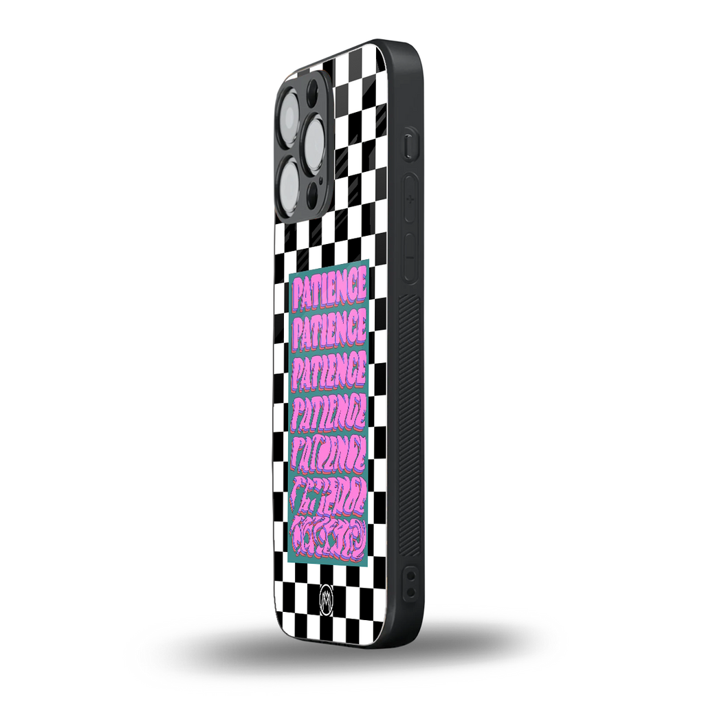 patience checkered back phone cover | glass case for iphone 15 pro max