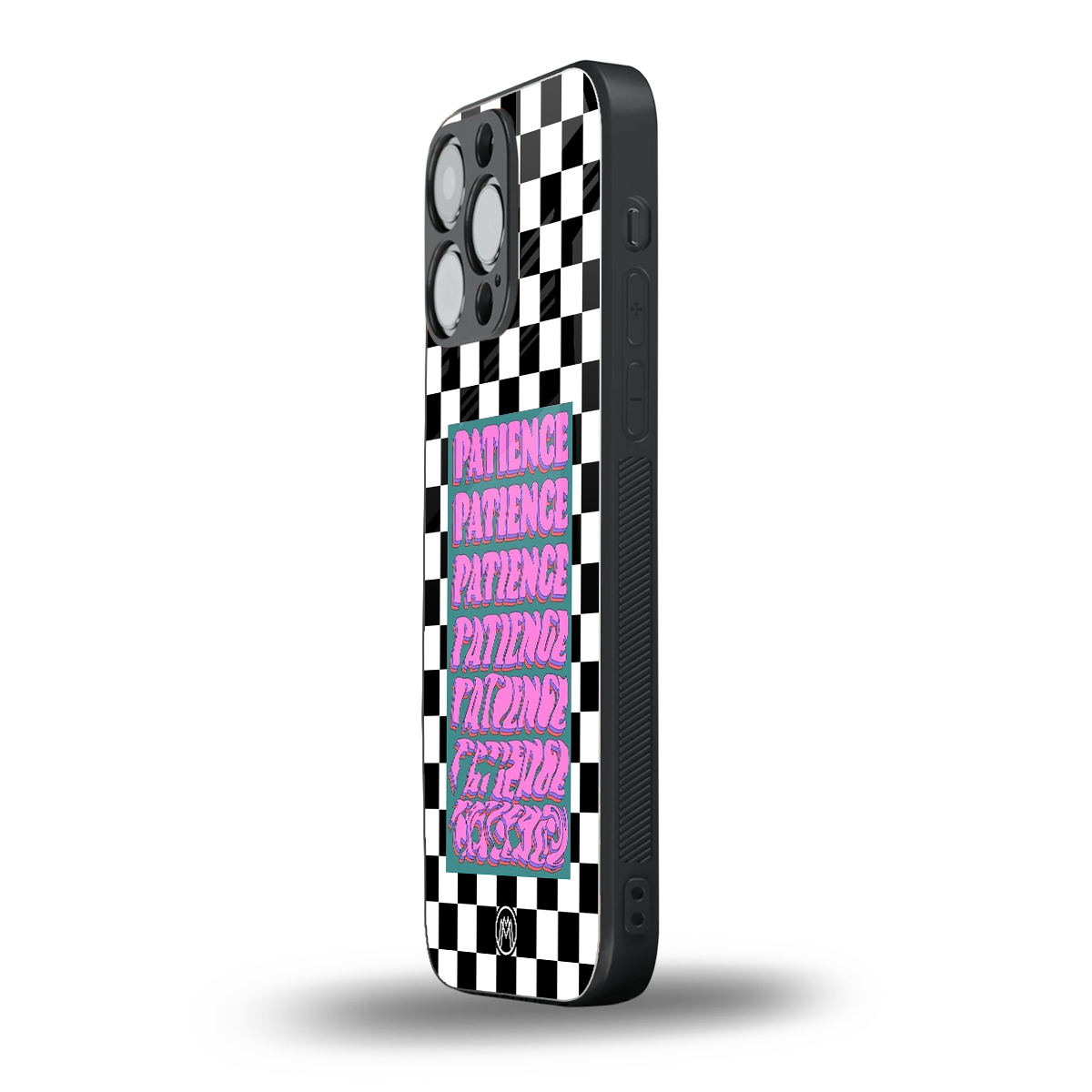 patience checkered back phone cover | glass case for iphone 15 pro max