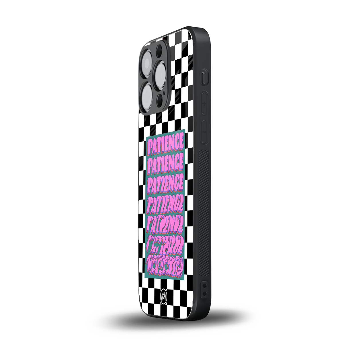 patience checkered back phone cover | glass case for iphone 15 pro