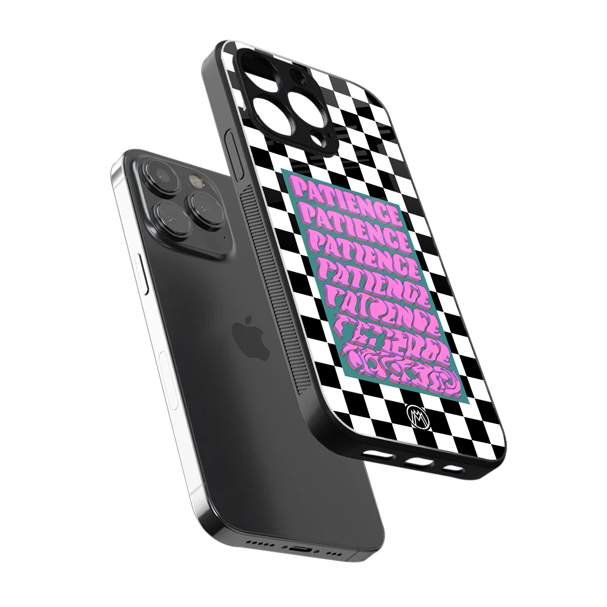 patience checkered back phone cover | glass case for iphone 15 pro