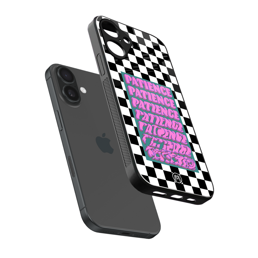 patience checkered back phone cover | glass case for iphone 16 plus