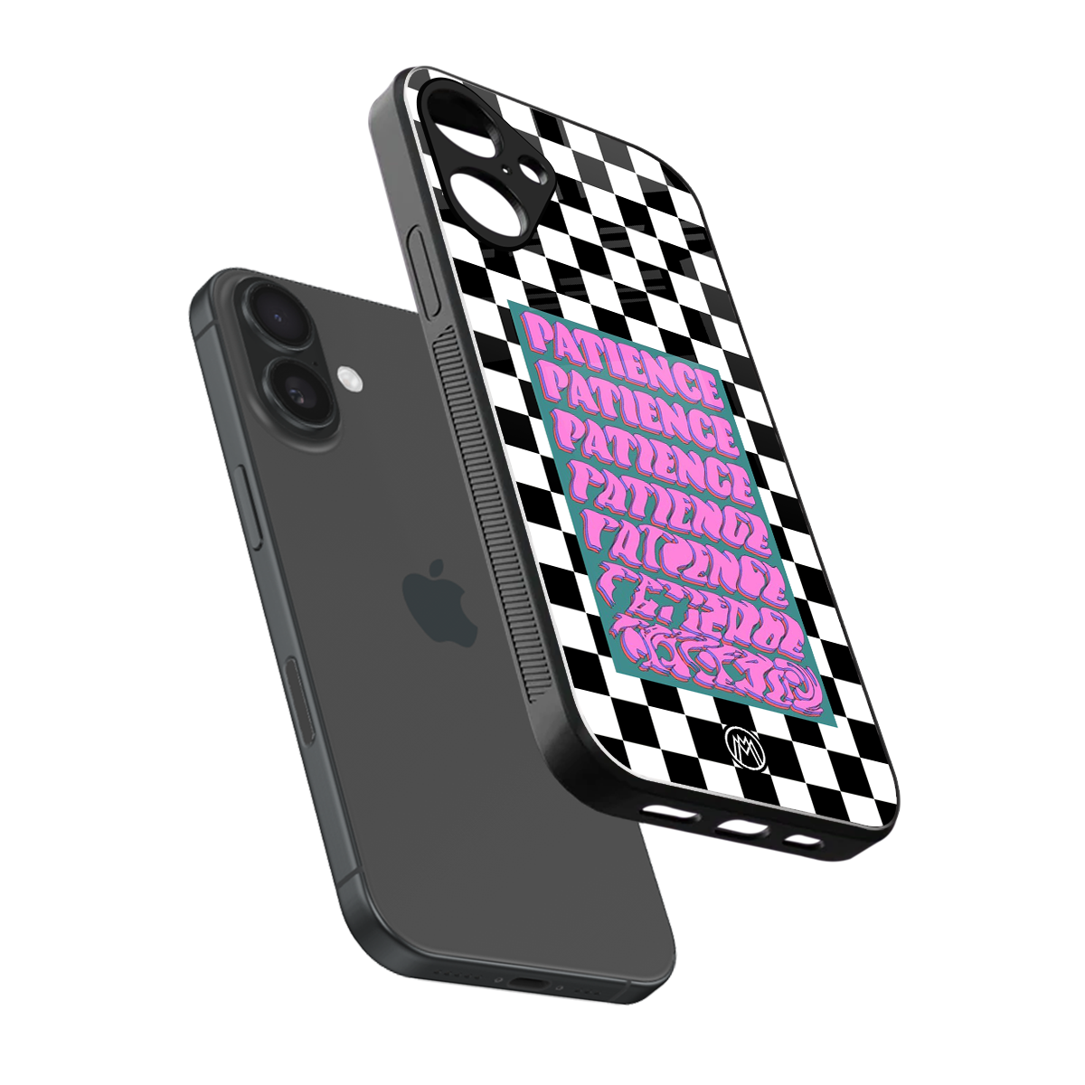 patience checkered back phone cover | glass case for iphone 16 plus