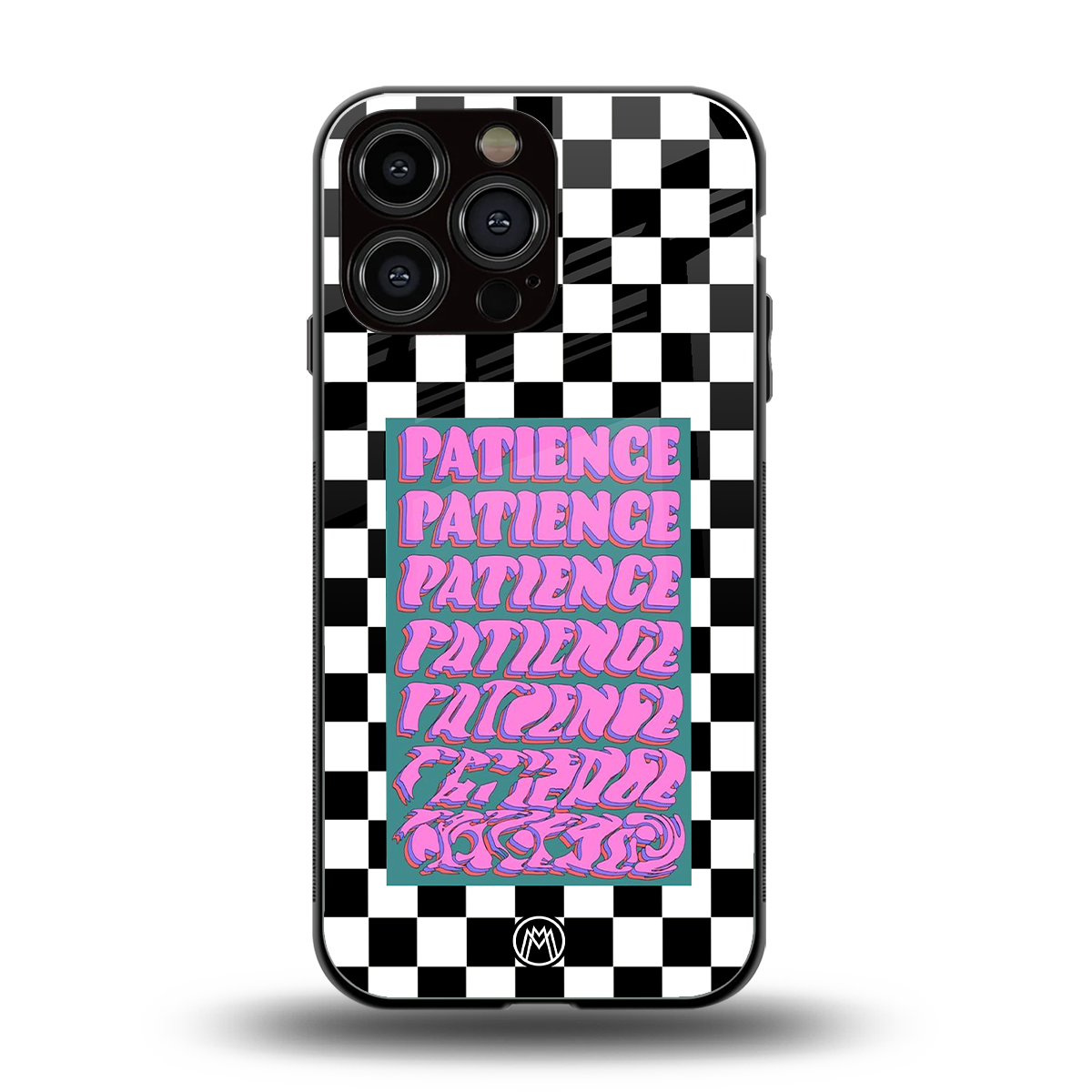 patience checkered back phone cover | glass case for iphone 16 pro max