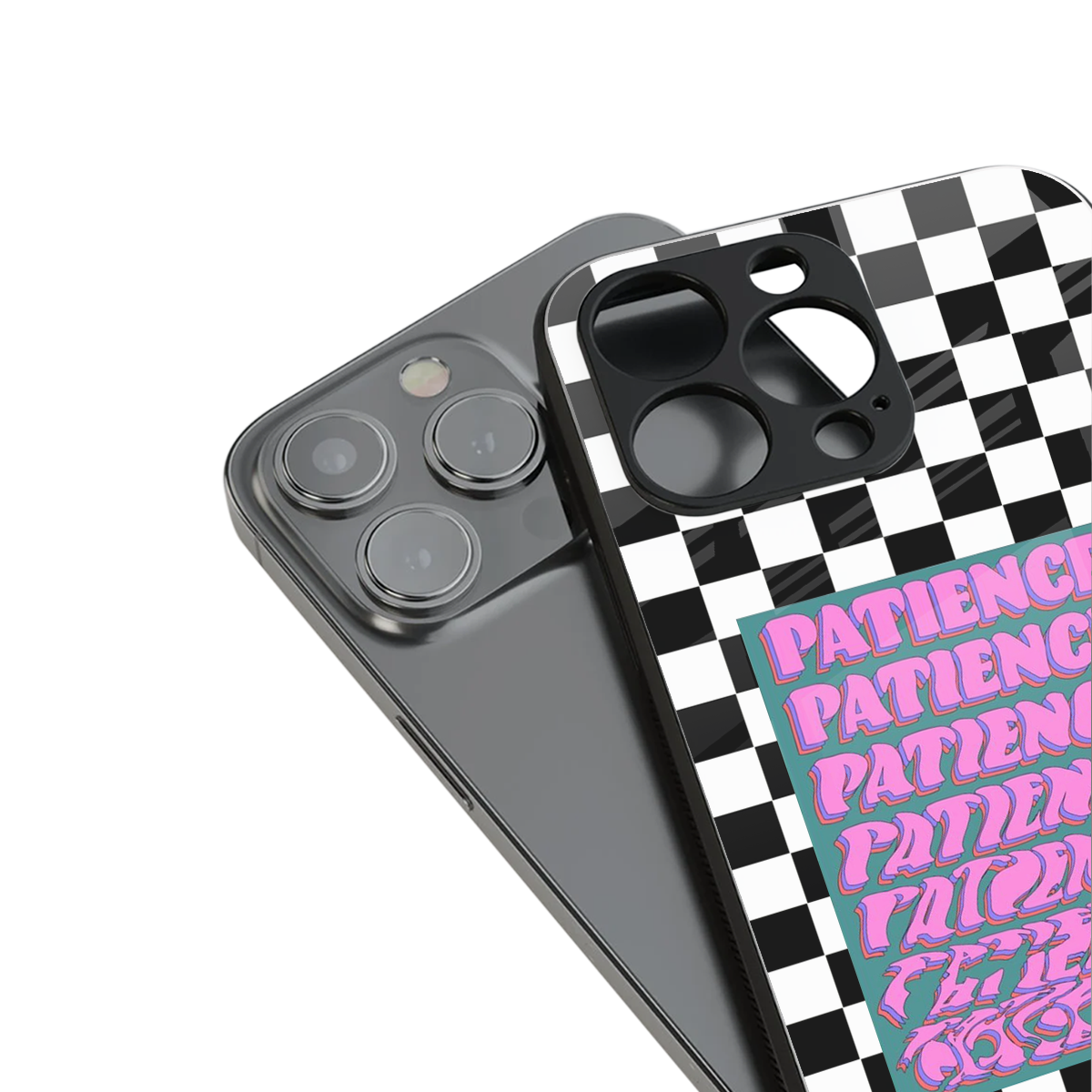 patience checkered back phone cover | glass case for iphone 15 pro