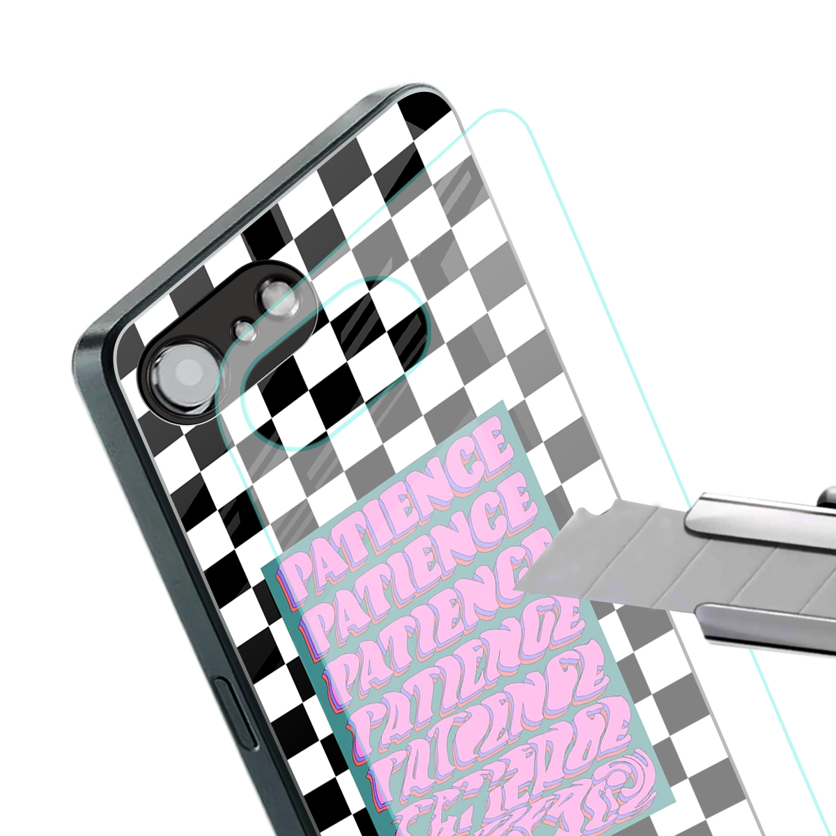 patience checkered back phone cover | glass case for iphone 16e