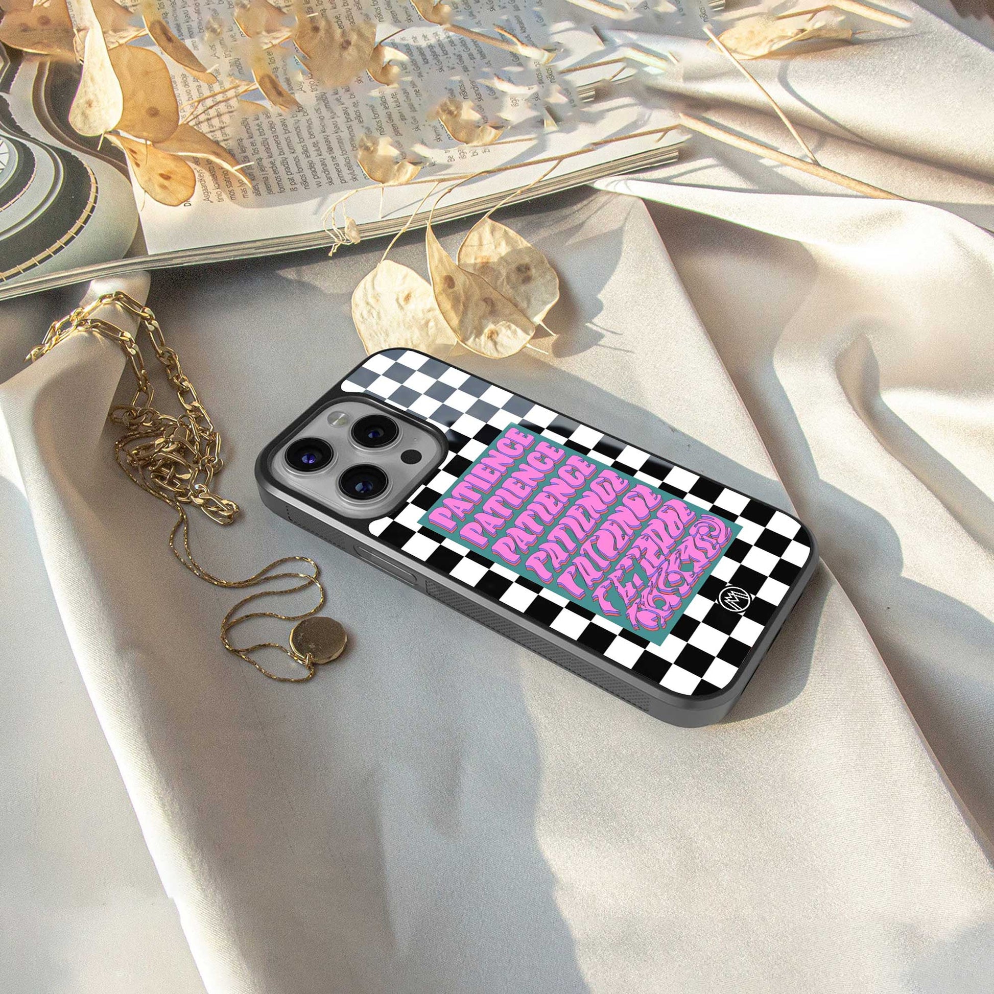 patience checkered back phone cover | glass case for samsung galaxy s24 plus