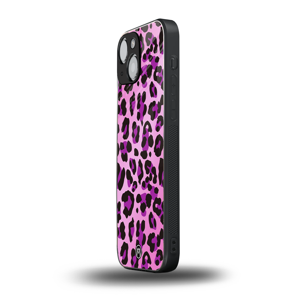 pink leopard fur back phone cover | glass case for iphone 13 mini