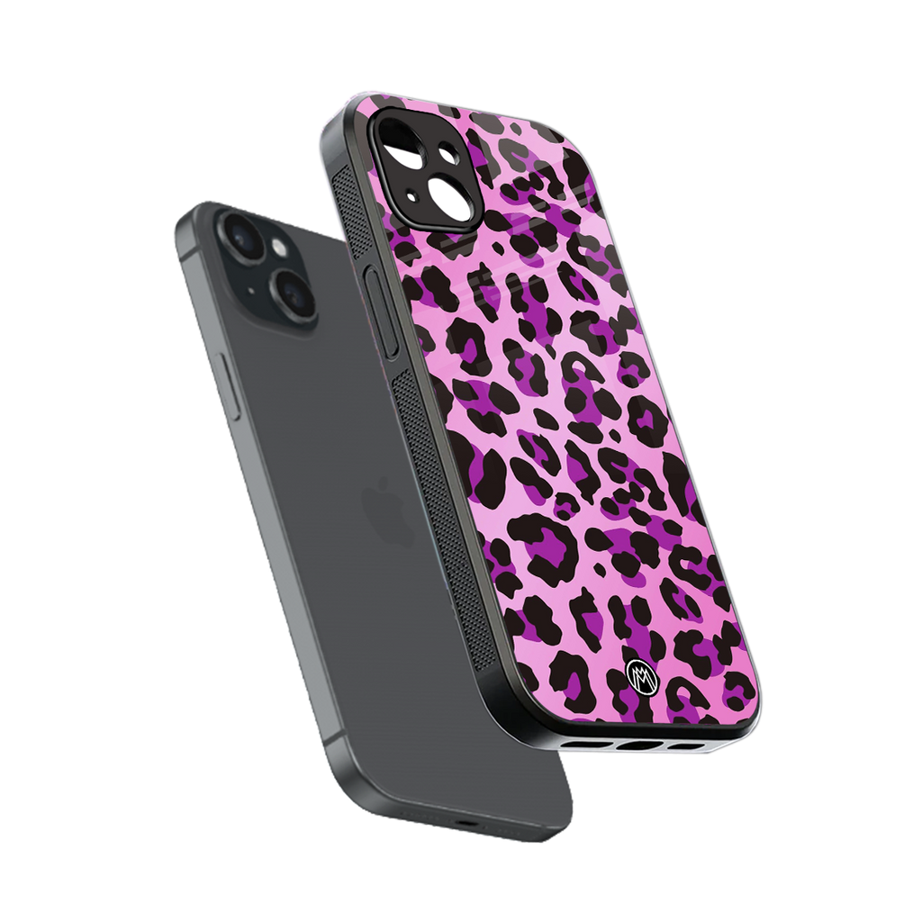 pink leopard fur back phone cover | glass case for iphone 15 plus
