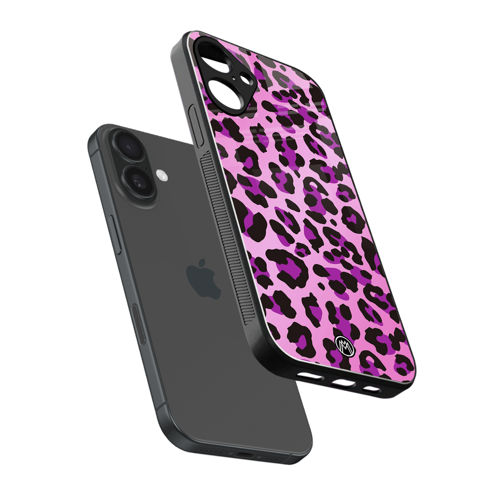 pink leopard fur back phone cover | glass case for iphone 16 plus